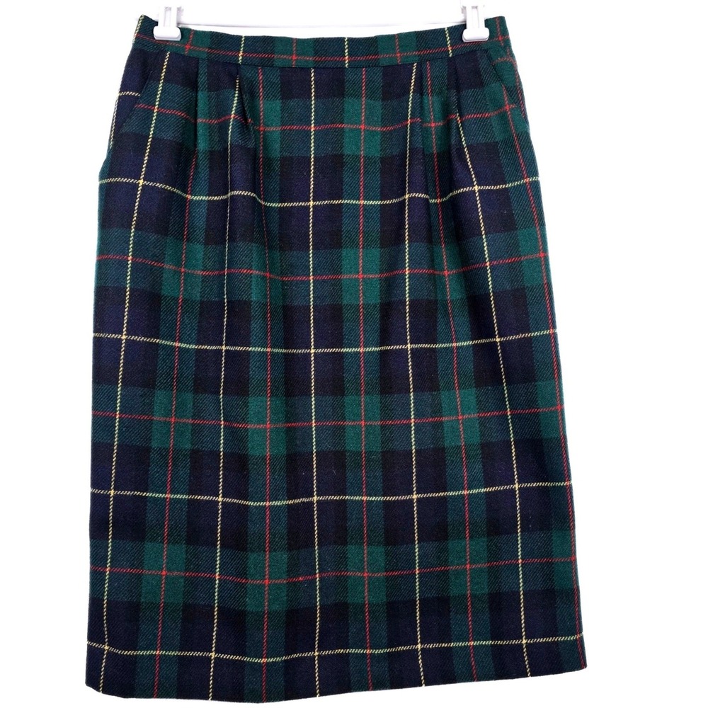 Vintage Katie Brooke Plaid Wool Blend Pencil Skirt Green Navy Tartan Size 14 - Picture 2 of 14
